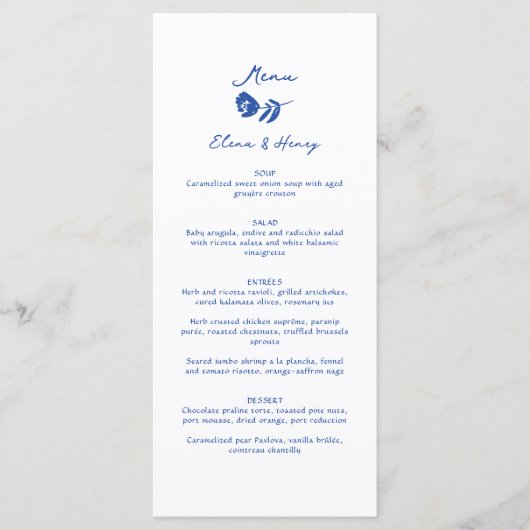 Blue Hand Drawn Whimsical Flower Wedding Menükarte (Vorderseite)