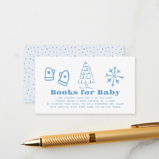 Blue Hand-Drawn Winter Baby Shower Book Request Begleitkarte (Vorderseite/Rückseite Beispiel)