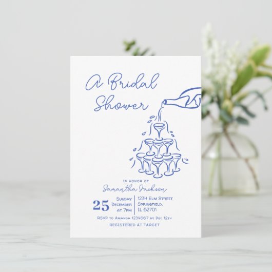 Blue Hand Gezeichnet Champagner Tower Brautparty Einladung (Stehend Vorderseite)