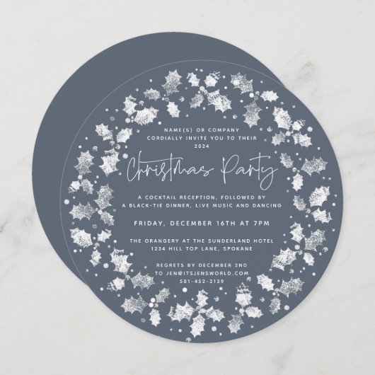 Blue Hand Printed Holly+Berries Weihnachts-Party Einladung (Vorne/Hinten)