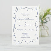 Blue  Hand Written Pinstripes Whimsical Wedding Einladung (Stehend Vorderseite)