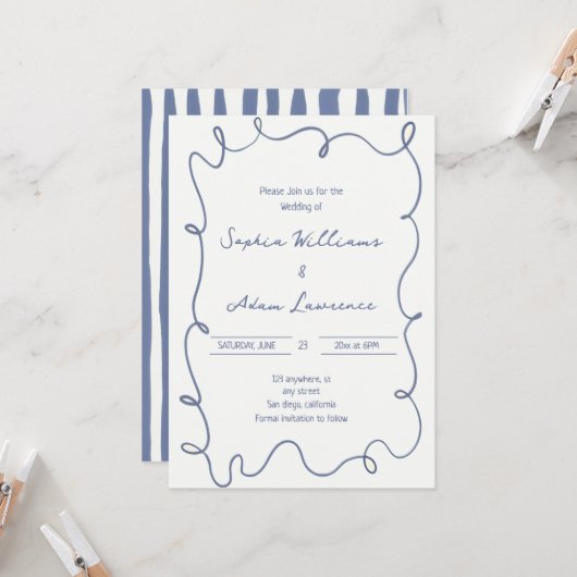 Blue  Hand Written Pinstripes Whimsical Wedding Einladung (Vorderseite/Rückseite Beispiel)