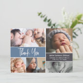 Blue Handschrift Foto Collage Baby Shower Dankeskarte (Stehend Vorderseite)