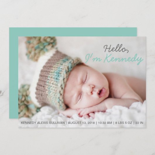 Blue Handwriting Foto Baby Birth Ankündigung (Vorne/Hinten)