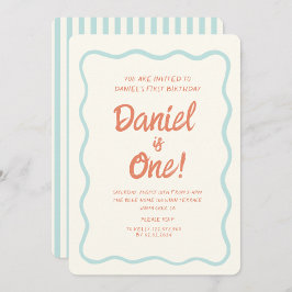 Blue Handwriting Wavy Pastel Baby First Geburtstag Einladung