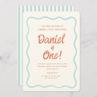Blue Handwriting Wavy Pastel Baby First Geburtstag Einladung