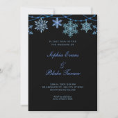 Blue Hanging Lights and Snowflakes Black Wedding Einladung (Vorderseite)