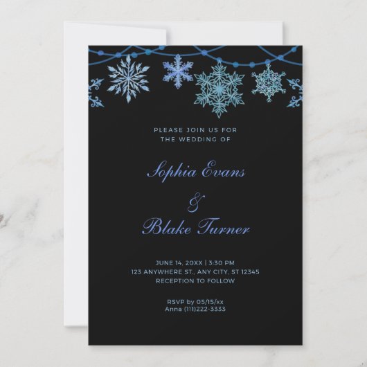 Blue Hanging Lights and Snowflakes Black Wedding Einladung (Vorderseite)