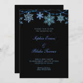 Blue Hanging Lights and Snowflakes Black Wedding Einladung (Vorne/Hinten)