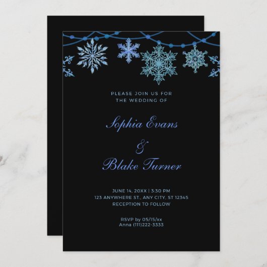 Blue Hanging Lights and Snowflakes Black Wedding Einladung (Vorne/Hinten)