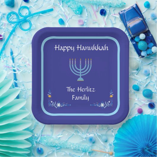 Blue HANUKKAH Menorah Customize NAME Pappteller (Party)