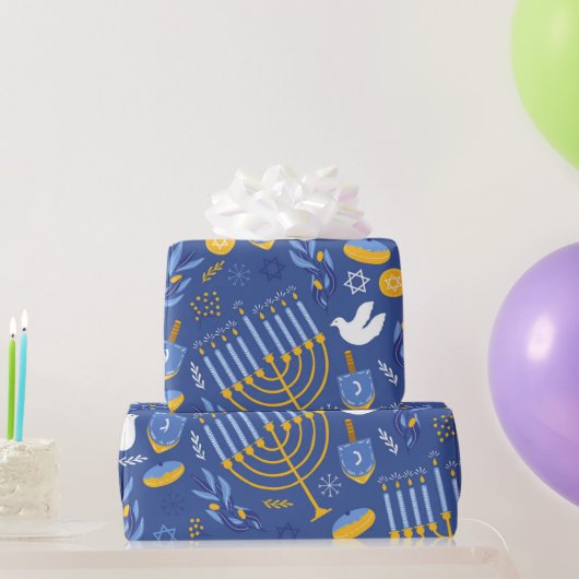 Blue Hanukkah Menorah Dove und Dreidel Hanukkah Geschenkpapier (Partygeschenke)