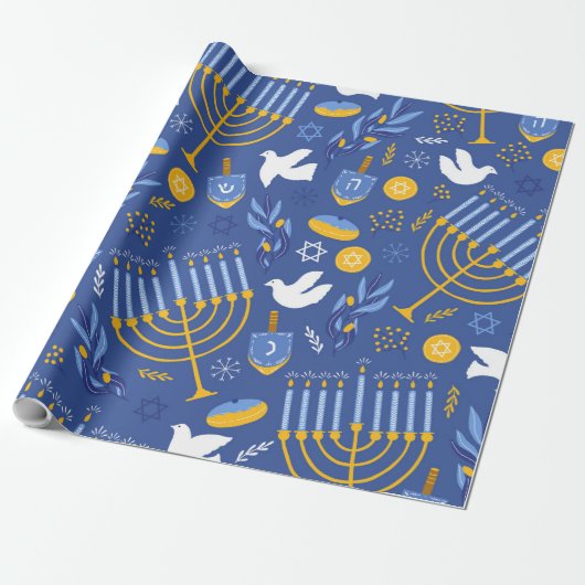 Blue Hanukkah Menorah Dove und Dreidel Hanukkah Geschenkpapier (Ungerollt)