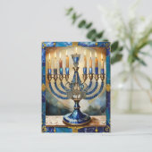 Blue Hanukkah Menorah Feiertagspostkarte (Stehend Vorderseite)