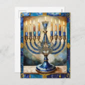 Blue Hanukkah Menorah Feiertagspostkarte (Vorne/Hinten)