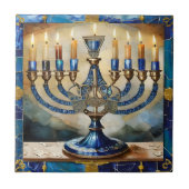 Blue Hanukkah Menorah Fliese (Vorderseite)