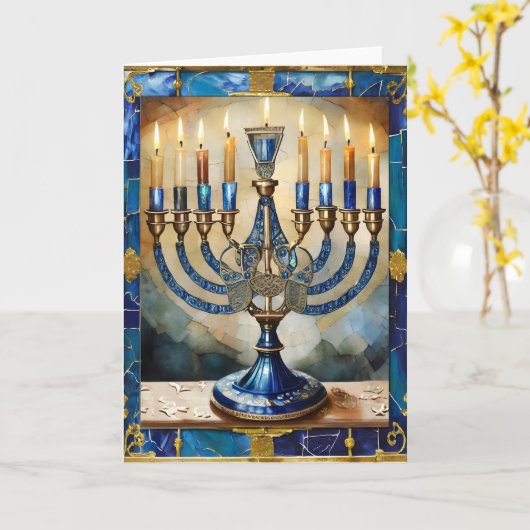 Blue Hanukkah Menorah Karte (Gelbe Blume)