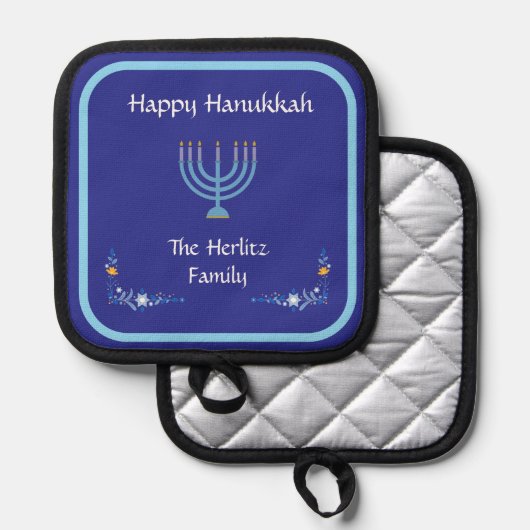 Blue HANUKKAH Menorah Kundenname Topflappen (Vorderseite/Rückseite)