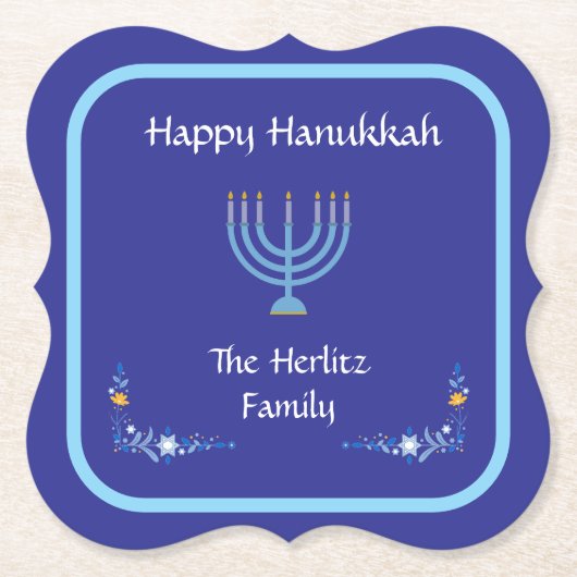 Blue HANUKKAH Menorah Kundenname Untersetzer (Vorderseite)