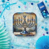 Blue Hanukkah Menorah Pappteller (Party)