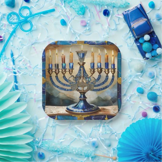 Blue Hanukkah Menorah Pappteller (Party)