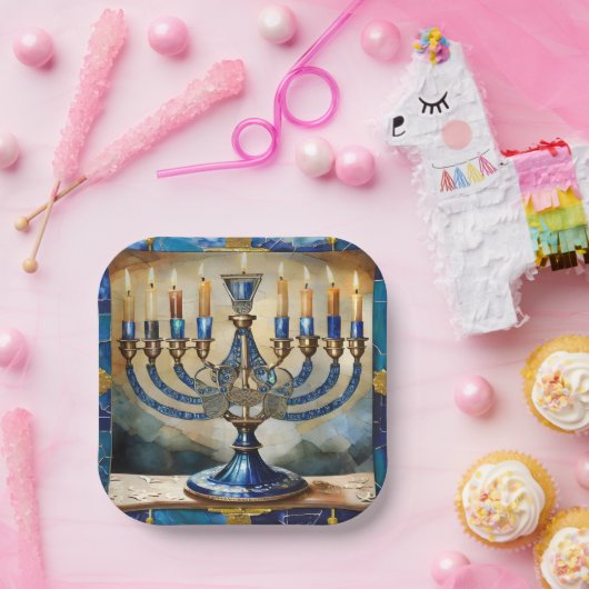 Blue Hanukkah Menorah Pappteller (Party)