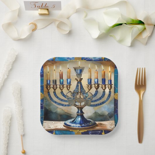 Blue Hanukkah Menorah Pappteller (Hochzeit)