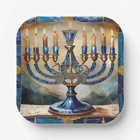 Blue Hanukkah Menorah Pappteller (Vorderseite)