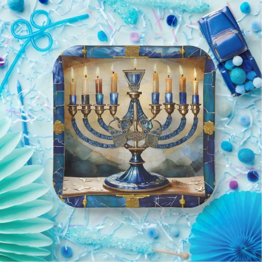 Blue Hanukkah Menorah Pappteller (Party)