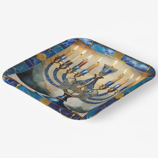 Blue Hanukkah Menorah Pappteller (Gewinkelt)