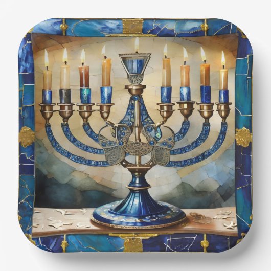 Blue Hanukkah Menorah Pappteller (Vorderseite)