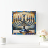 Blue Hanukkah Menorah Quadratische Wanduhr (Zuhause)