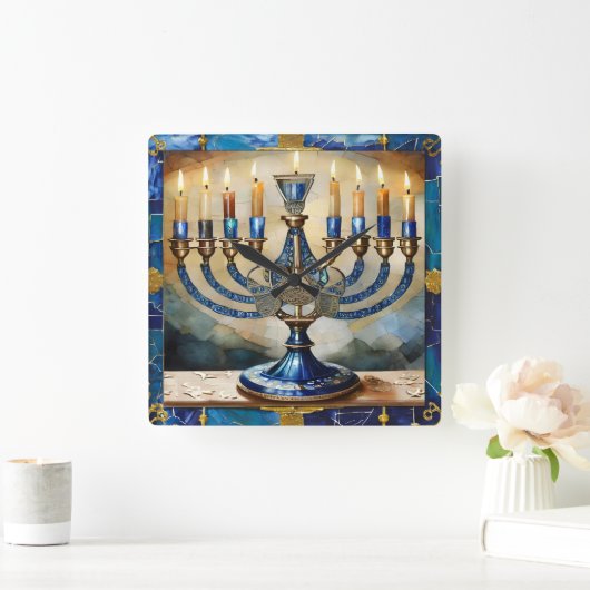 Blue Hanukkah Menorah Quadratische Wanduhr (Zuhause)