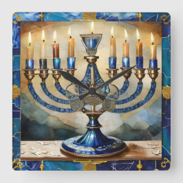 Blue Hanukkah Menorah Quadratische Wanduhr