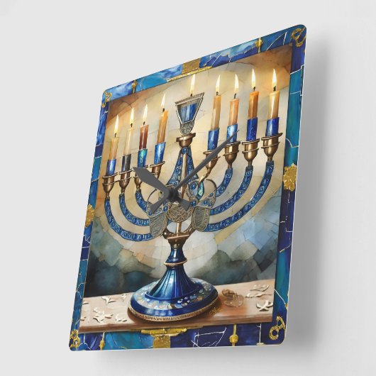 Blue Hanukkah Menorah Quadratische Wanduhr (Winkel)