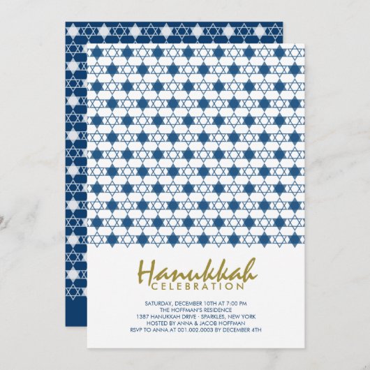 Blue Hanukkah Stars von David Pattern Holiday Part Einladung (Vorne/Hinten)