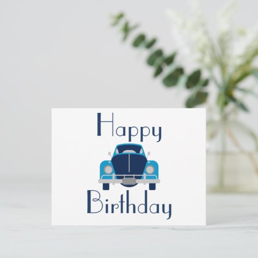 Blue Happy Birthday Car Postcard Postkarte (Stehend Vorderseite)