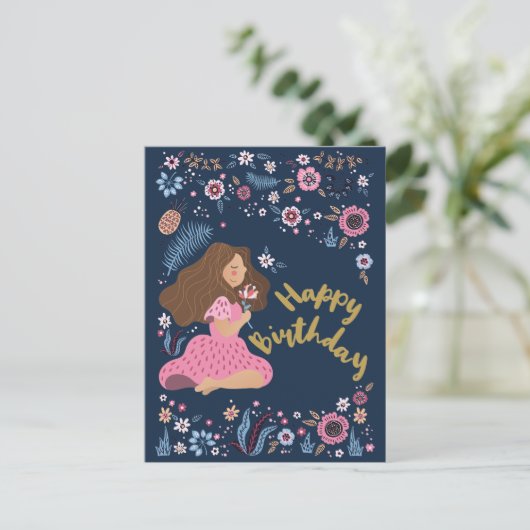 Blue Happy Birthday Lady Floral Blume Postkarte (Stehend Vorderseite)