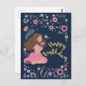 Blue Happy Birthday Lady Floral Blume Postkarte (Vorne/Hinten)