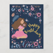 Blue Happy Birthday Lady Floral Blume Postkarte (Vorderseite)