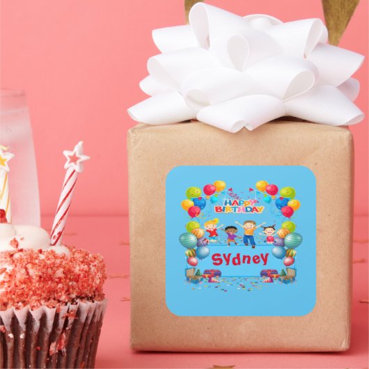 Blue Happy Birthday Name Aufkleber (Party)