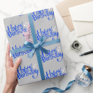 Blue Happy Birthday on Gray Geschenkpapier