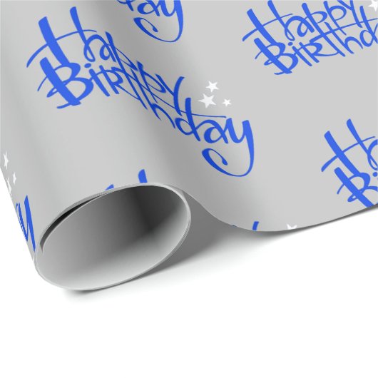 Blue Happy Birthday on Gray Geschenkpapier (Rolleneckpunkt)