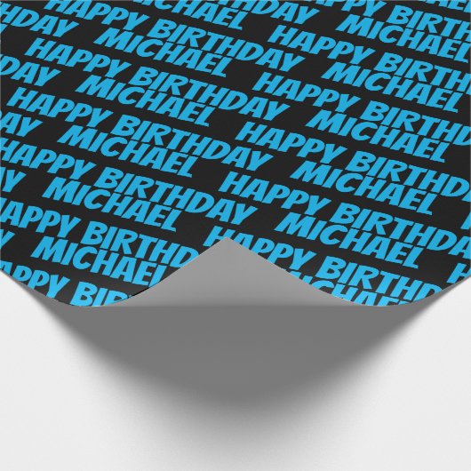 Blue Happy Birthday und Boy Name Pattern Black Geschenkpapier (Ecke)