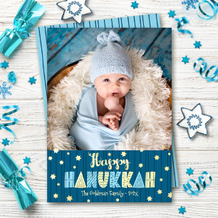 Blue Happy Hanukkah Foto Niedlich Modern Real Gold Folien Feiertagskarte