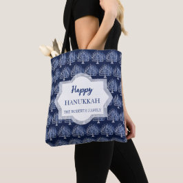 Blue Happy Hanukkah Menorah Pattern Tasche