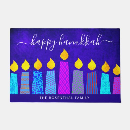 Blue Happy Hanukkah Script Modern Boho Candle Name Fußmatte (Vorderseite)