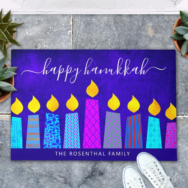 Blue Happy Hanukkah Script Modern Boho Candle Name Fußmatte (Von Creator hochgeladen)