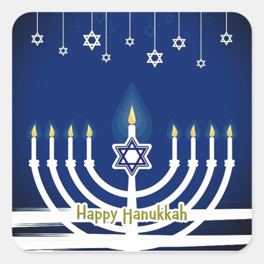 Blue Happy Hanukkah Star Menorah Candle Lights Quadratischer Aufkleber (Vorderseite)