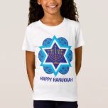 Blue Happy Hanukkah T-Shirt<br><div class="desc">Happy Hanukkah in Blautönen mit gelben Menorah und Davids Stern im Hintergrund. Bunte Kerzen. Gut als Geschenk. Herzlichen Glückwunsch Hanukkah!</div>